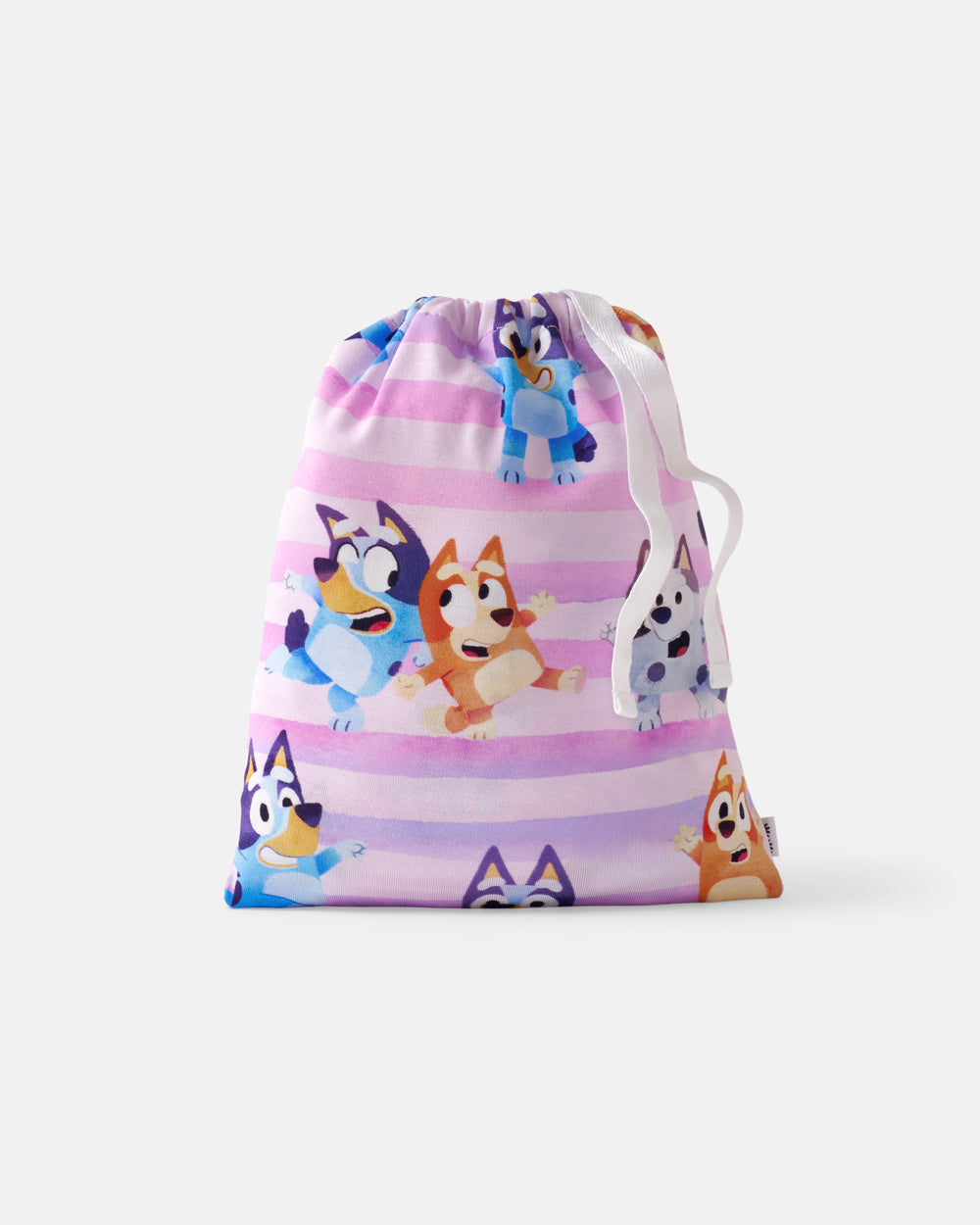 Flat lay of the Pink Bluey Dance All Day Fitted Crib Sheet drawstring bag