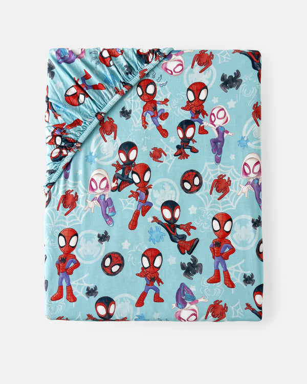 Flay lay of the Spidey & Friends Tiny Webs Fitted Crib Sheet