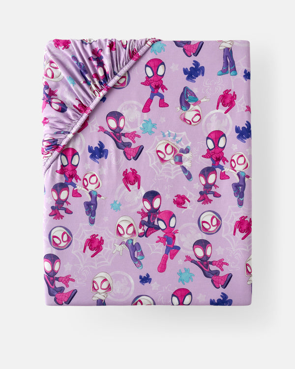 Flat lay of the Spidey & Friends Tiny Webs Fitted Crib Sheet
