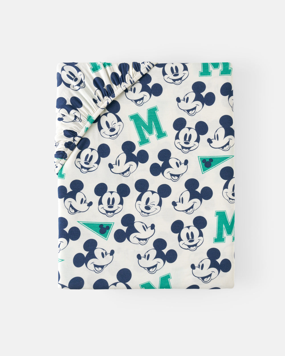 Flat lay of the Disney Varsity Mickey Mouse Fitted Crib Sheet 