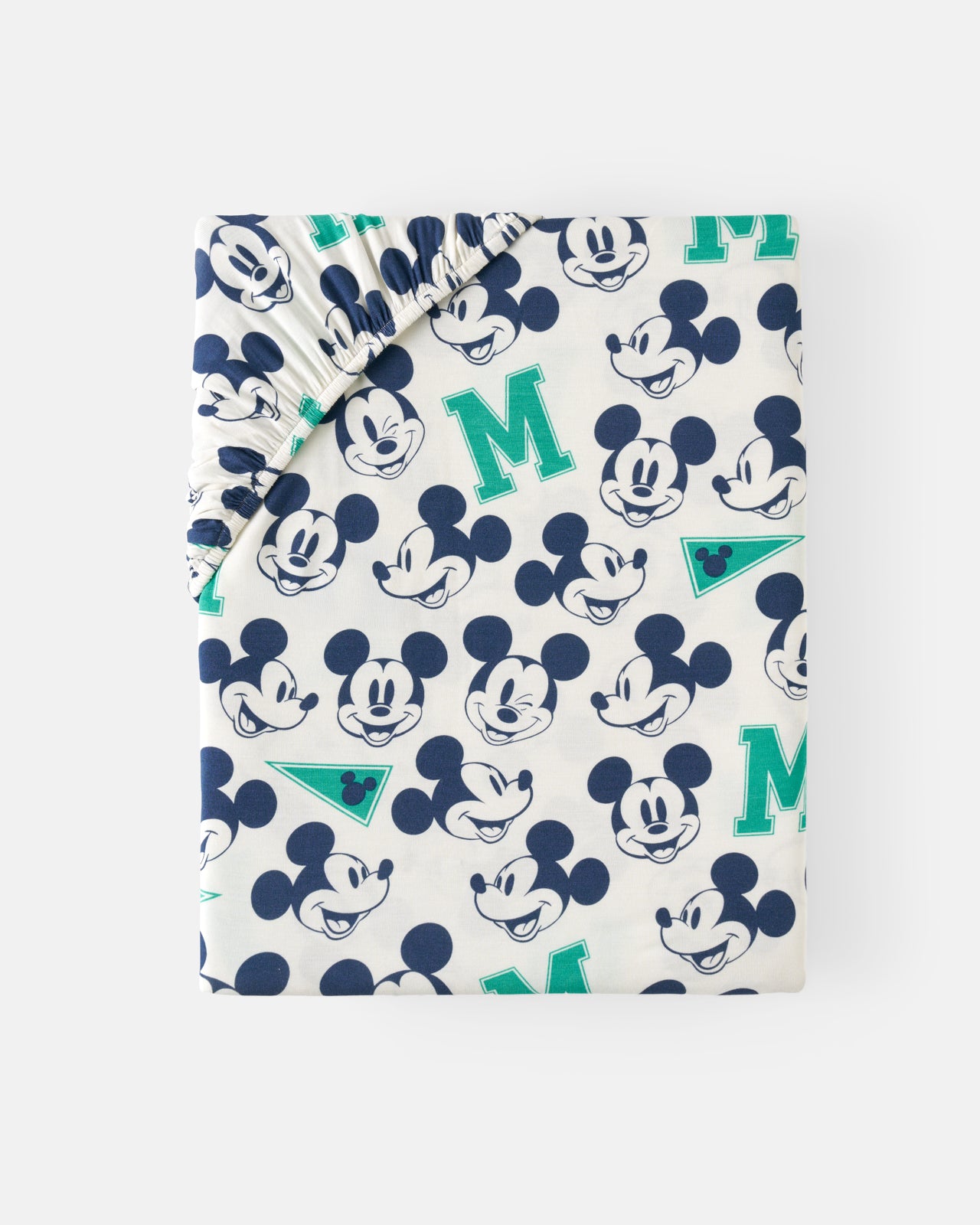 Flat lay of the Disney Varsity Mickey Mouse Fitted Crib Sheet 