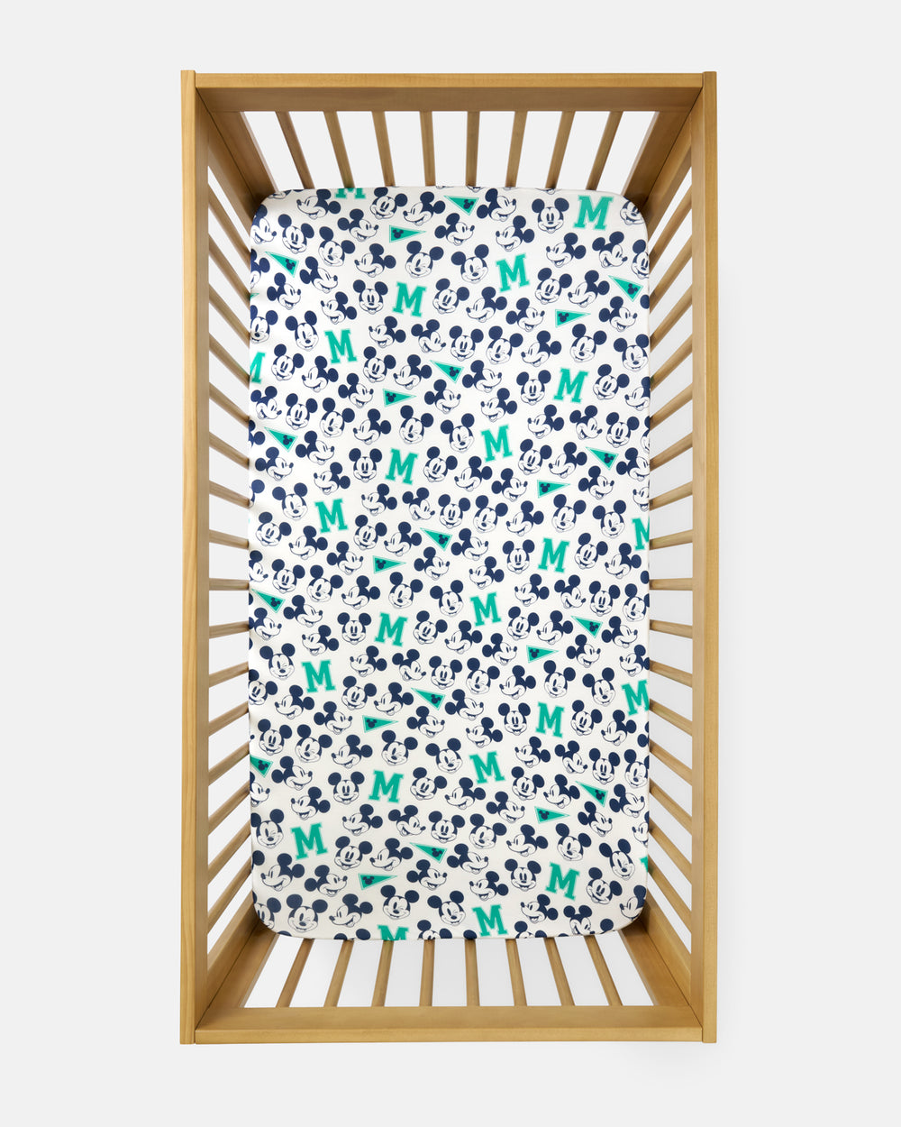 Flat lay of the Disney Varsity Mickey Mouse Fitted Crib Sheet