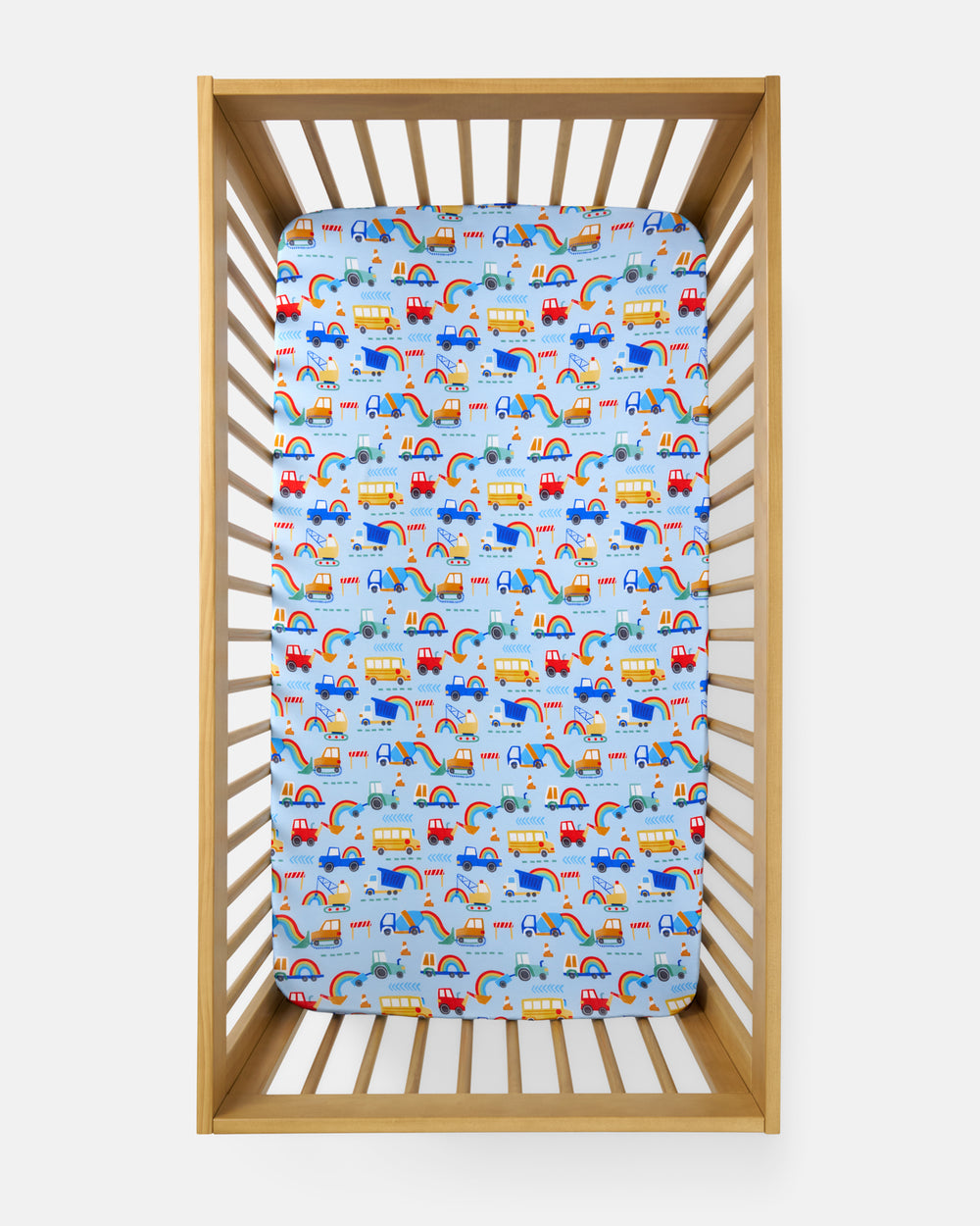 Overhead view of the Rainbow Trucks Fitted Crib Sheet