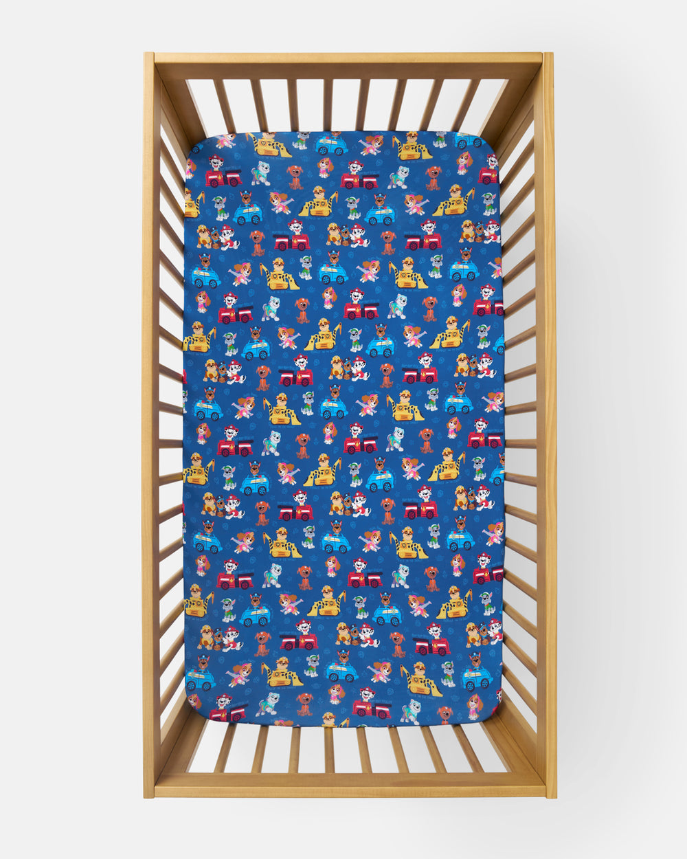 Overhead view of the PAW Patrol Adventure Bay Heroes Fitted Crib Sheet