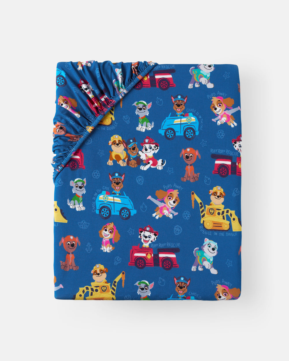 Flat lay of the PAW Patrol Adventure Bay Heroes Fitted Crib Sheet