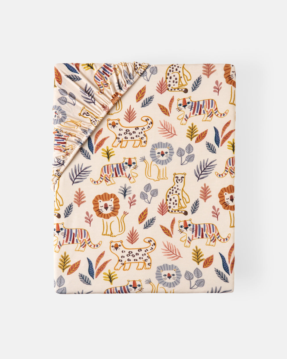 Flat lay of the Savanna Friends Fitted Crib Sheet