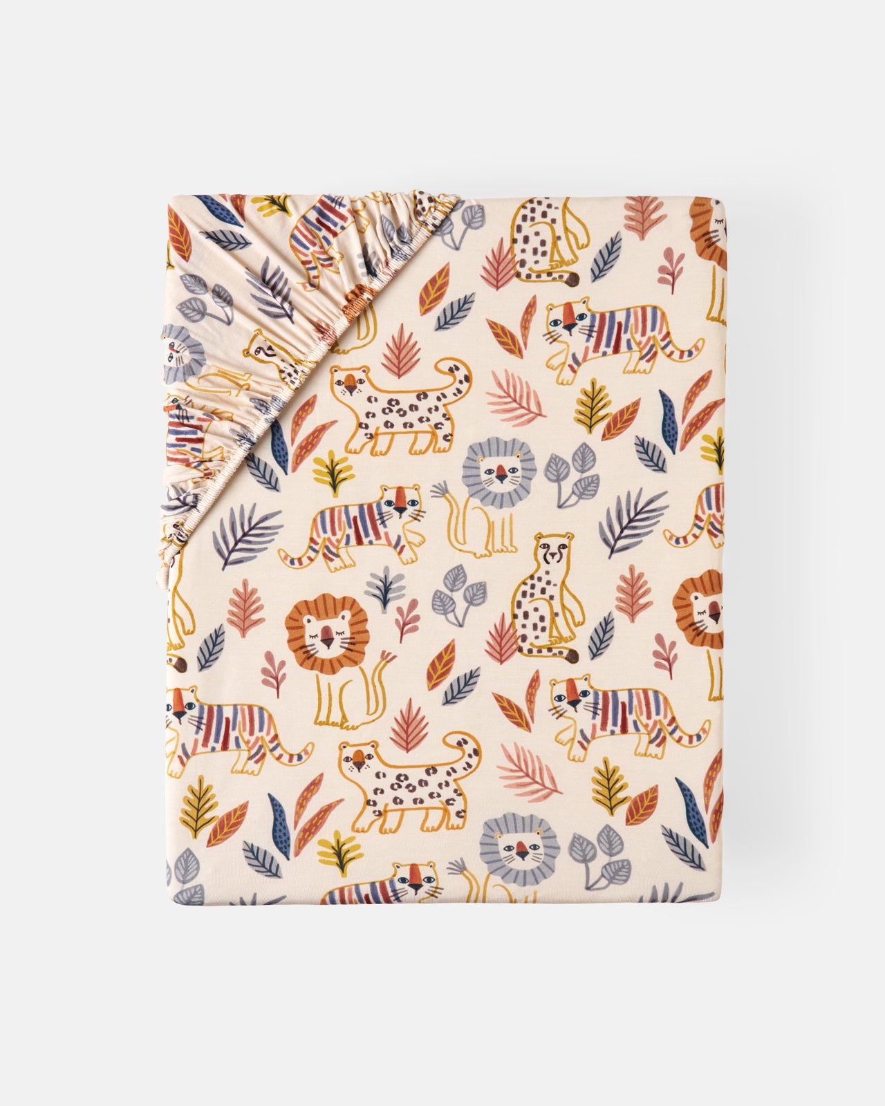 Flat lay of the Savanna Friends Fitted Crib Sheet
