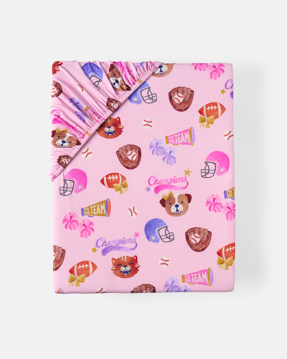 Flat lay of the Team Spirit Pink Fitted Crib Sheet