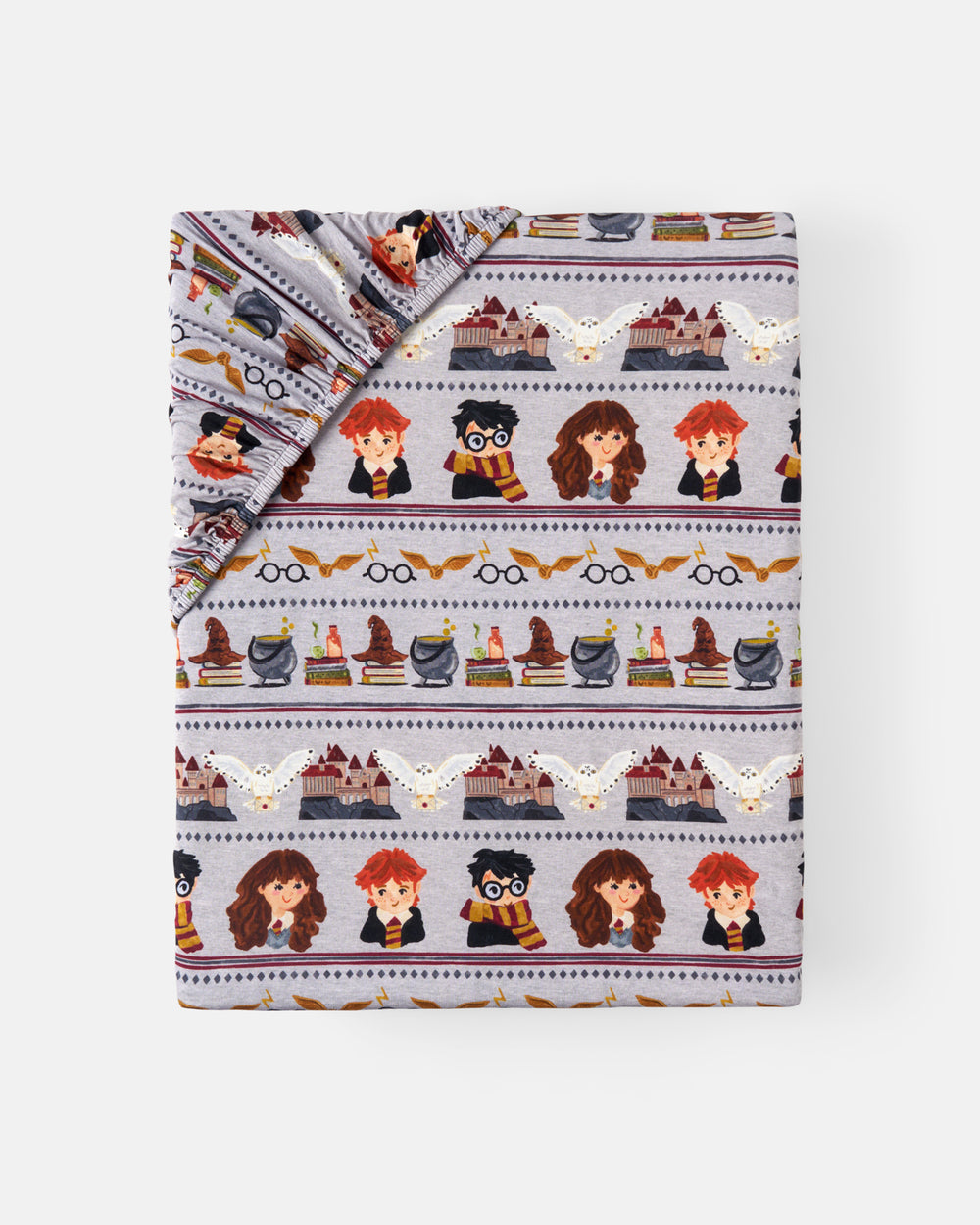 Flat lay of the Harry Potter™ Spellbinding Studies Fitted Crib Sheet
