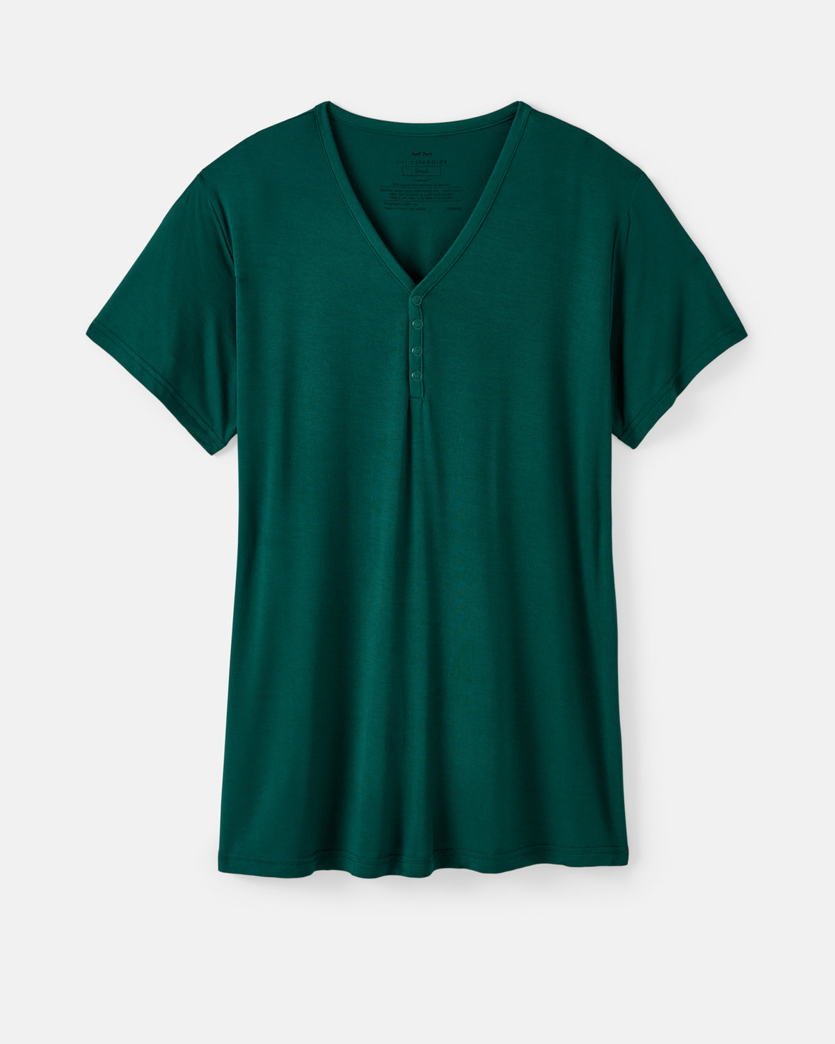A dark green short-sleeve V-neck henley shirt with a button placket, displayed flat against a light gray background.