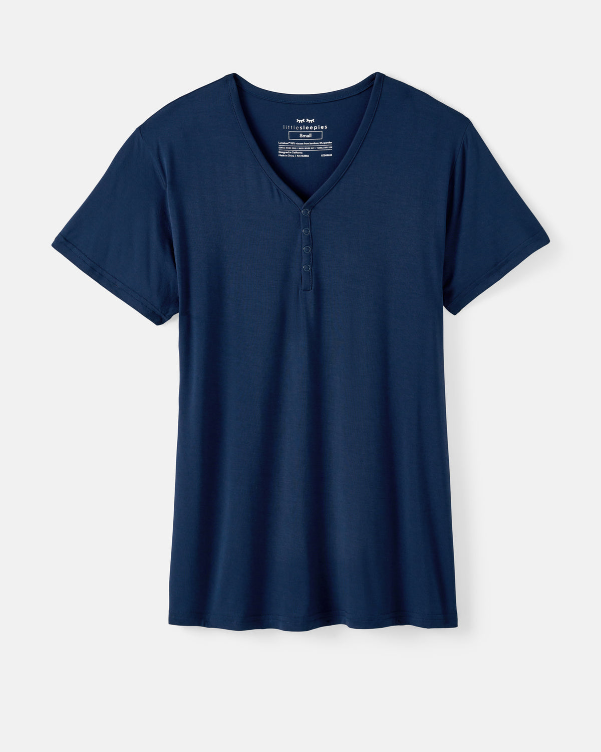 A navy blue short-sleeve henley t-shirt with a partial button placket, displayed flat against a light gray background.