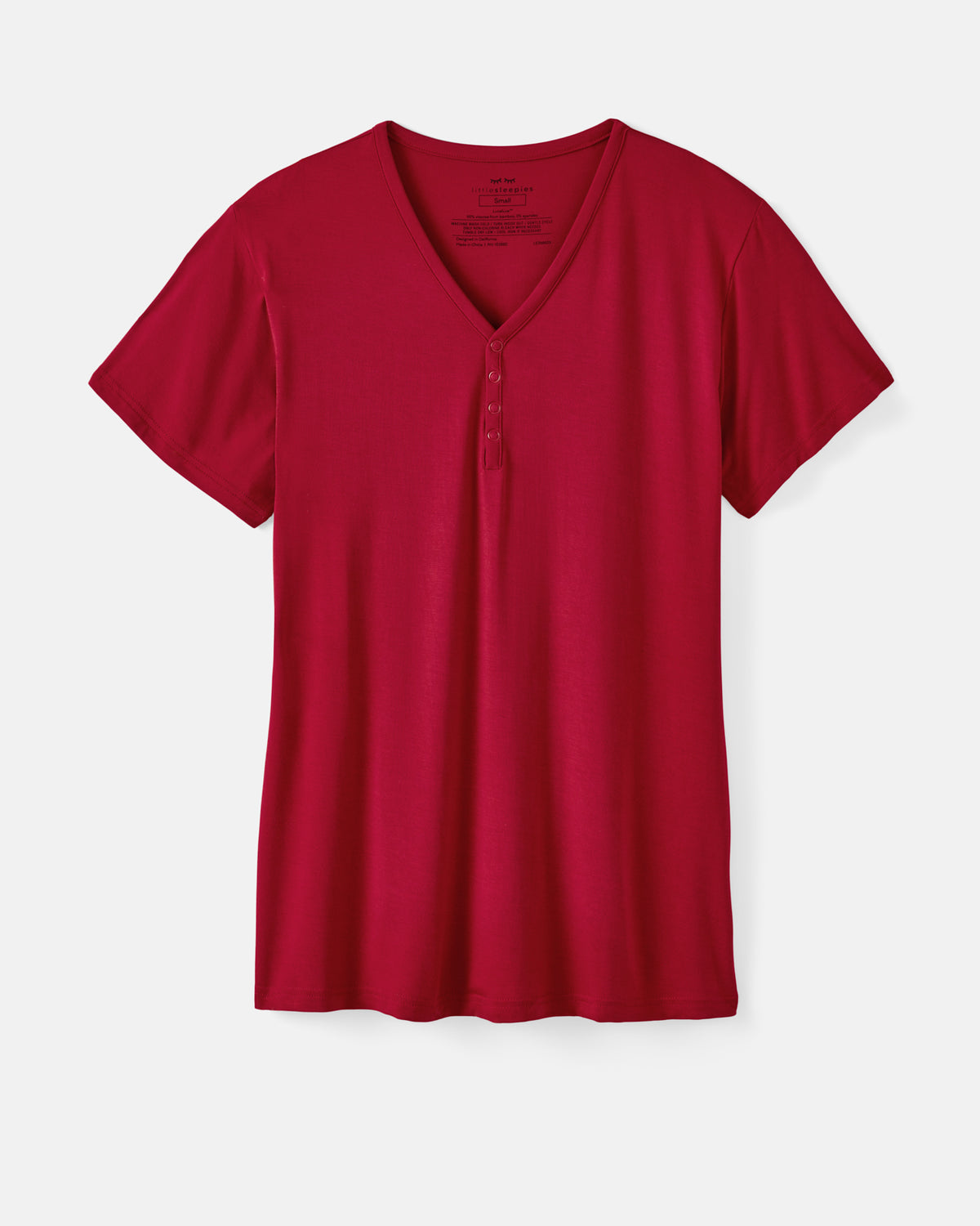 A red short-sleeve V-neck henley t-shirt with a button placket, displayed flat against a light gray background.