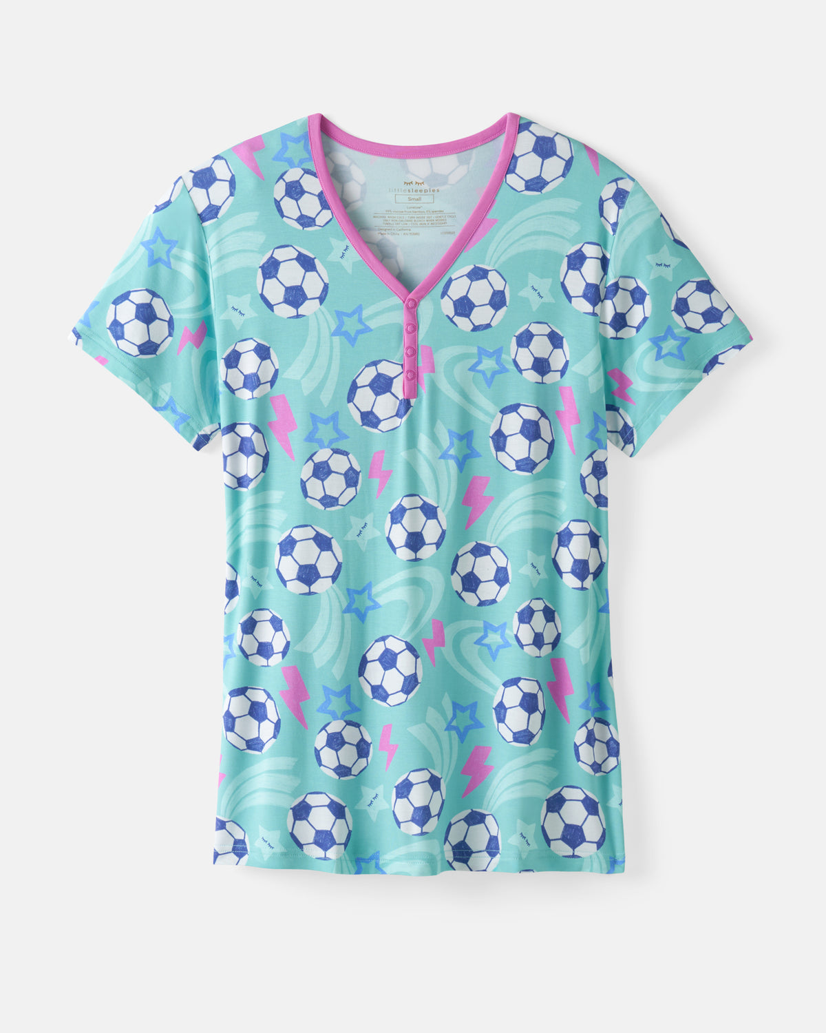 Flat lay of the Aqua Soccer Stars Women's Short Sleeve Pajama Top