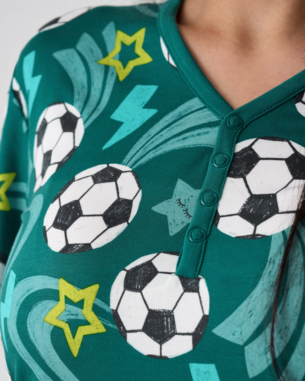 Close up of the henley buttons on the Soccer Stars Women's Short Sleeve Pajama Top