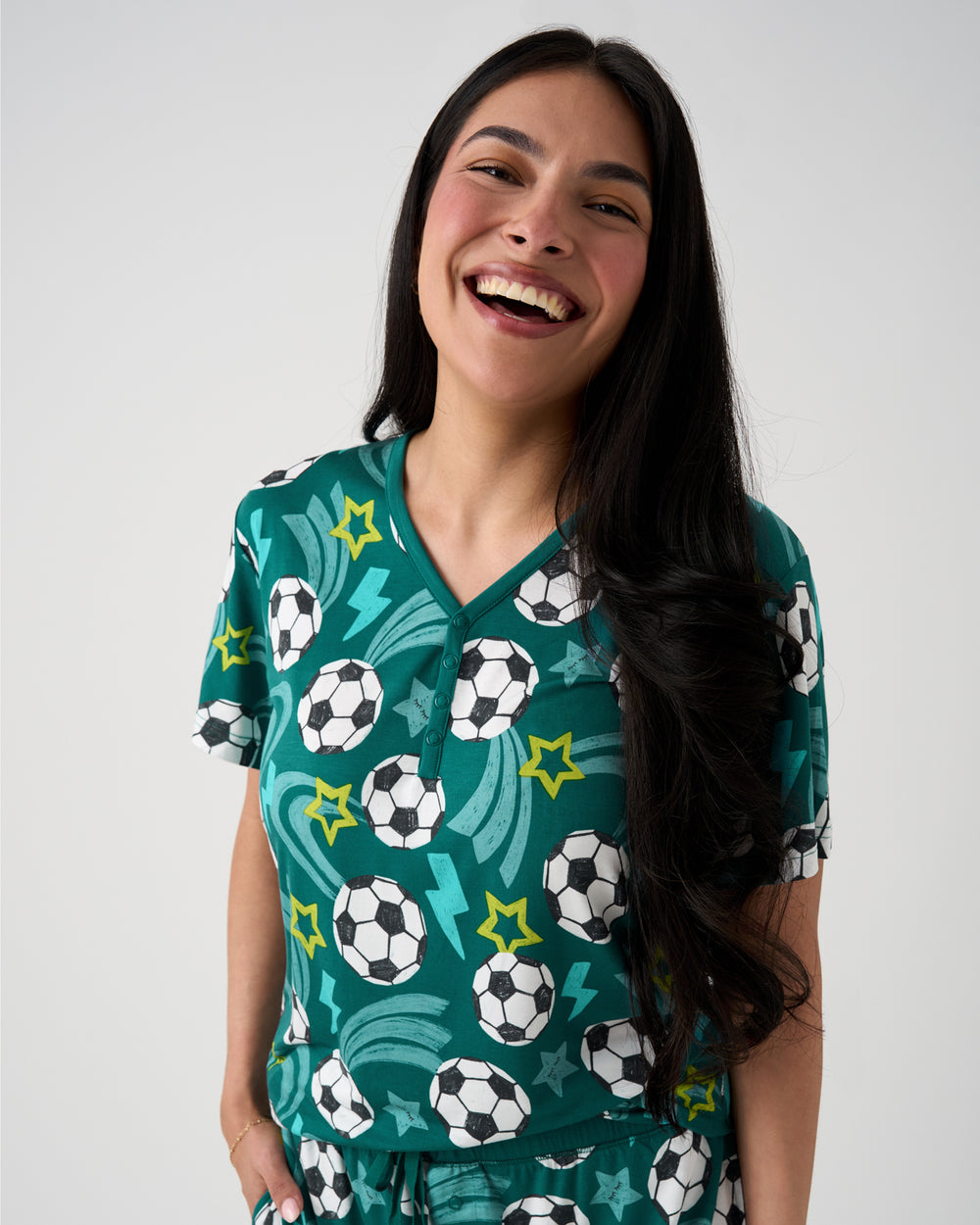 Woman wearing the Soccer Stars Women's Short Sleeve Pajama Top