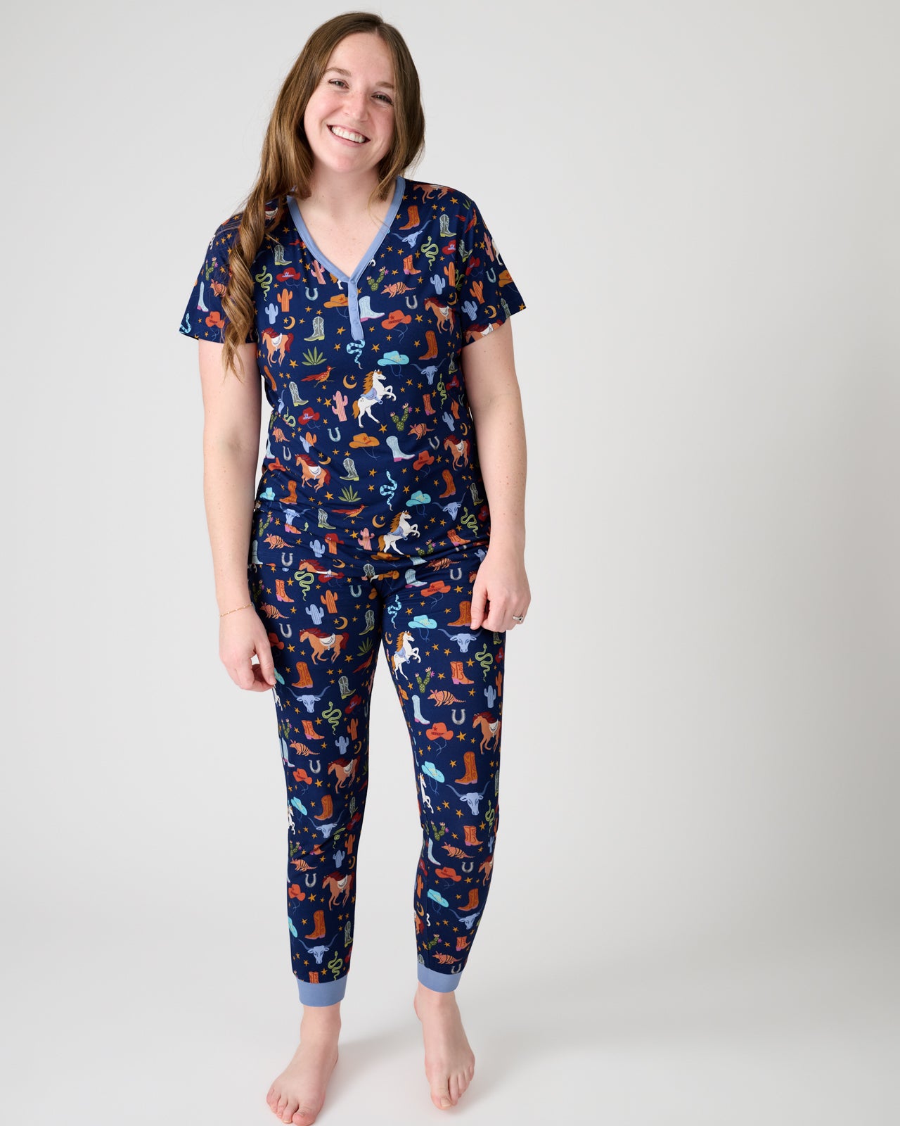 Woman wearing the Blue Rancher Roundup Women's Pajama Pants and Top