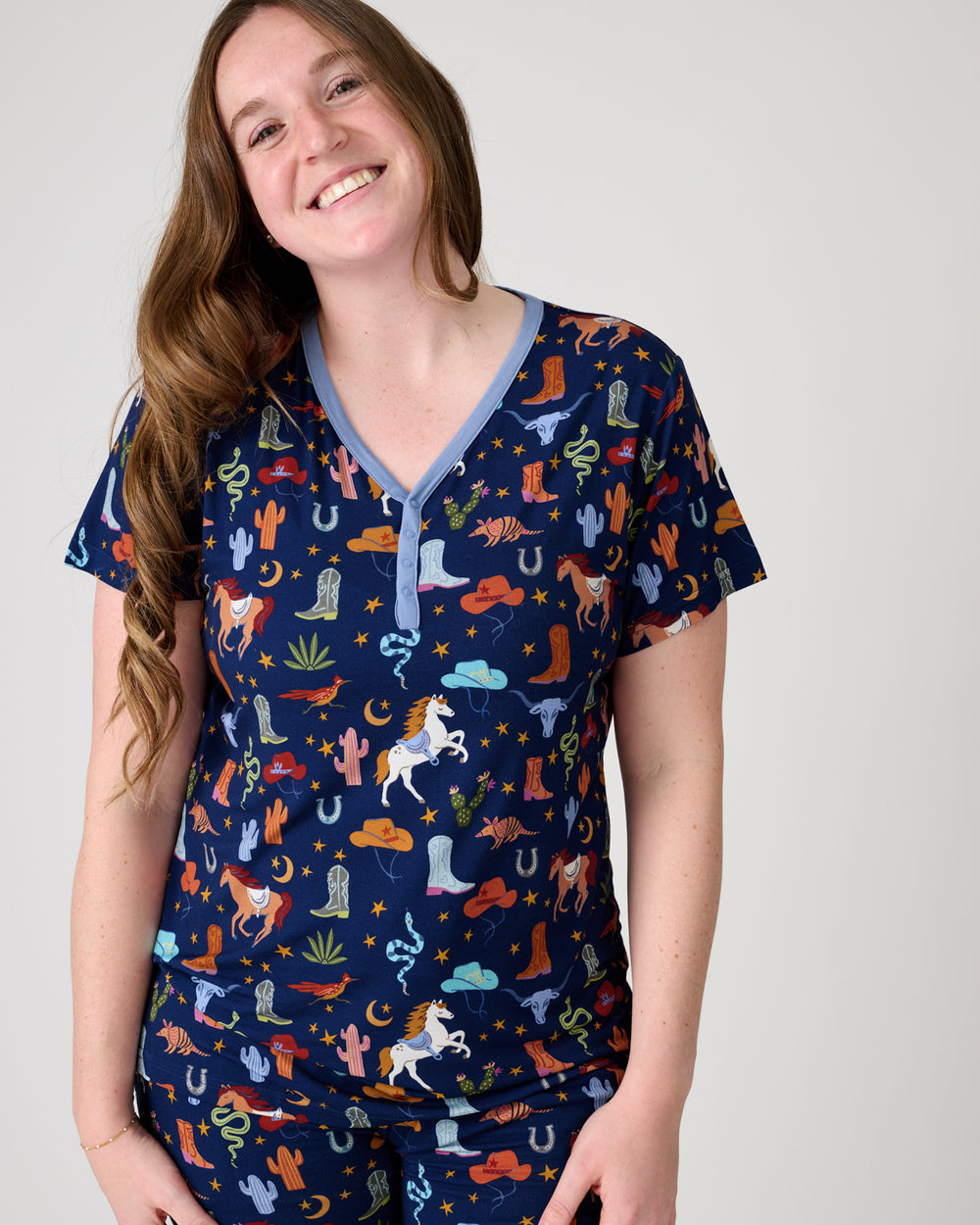 Close up of woman wearing the Blue Rancher Roundup Women's Short Sleeve Pajama Top