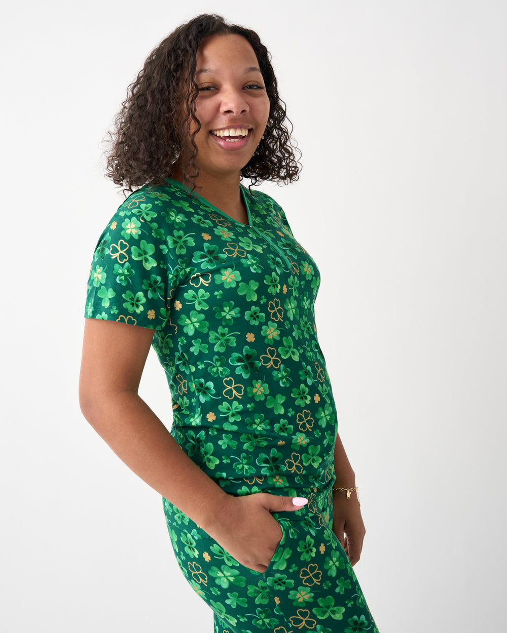Woman wearing the Clover Cuties Women's Short Sleeve Pajama Top