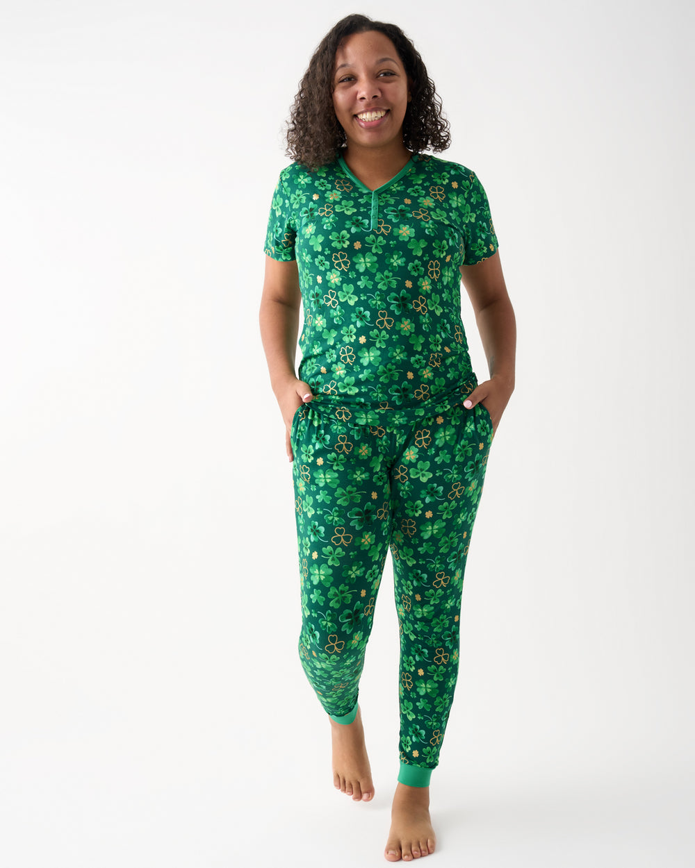 Woman wearing the Clover Cuties Women's Pajama Pants and Shirt