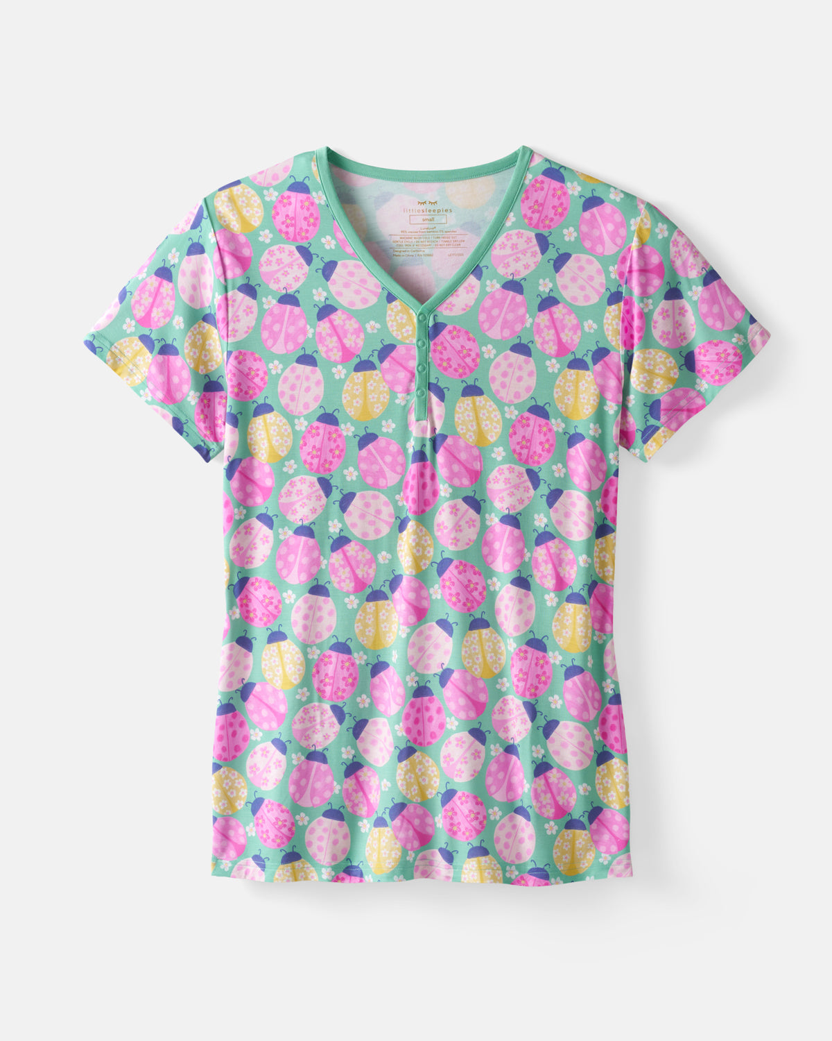 Flat lay of the Ladybug Meadow Women's Short Sleeve Pajama Top