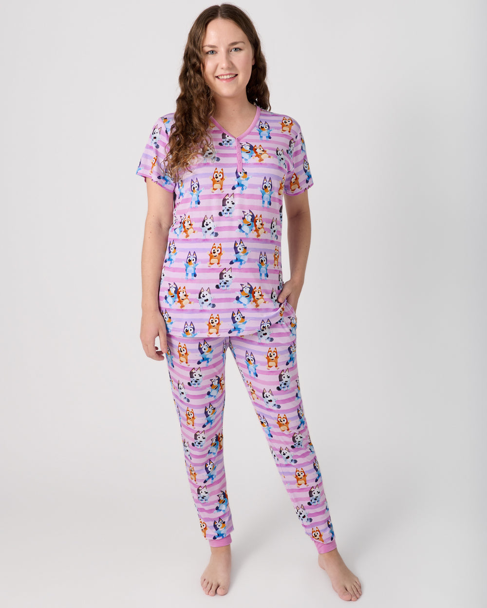 Woman wearing the Pink Bluey Dance All Day Women's Pajama Pants and Top