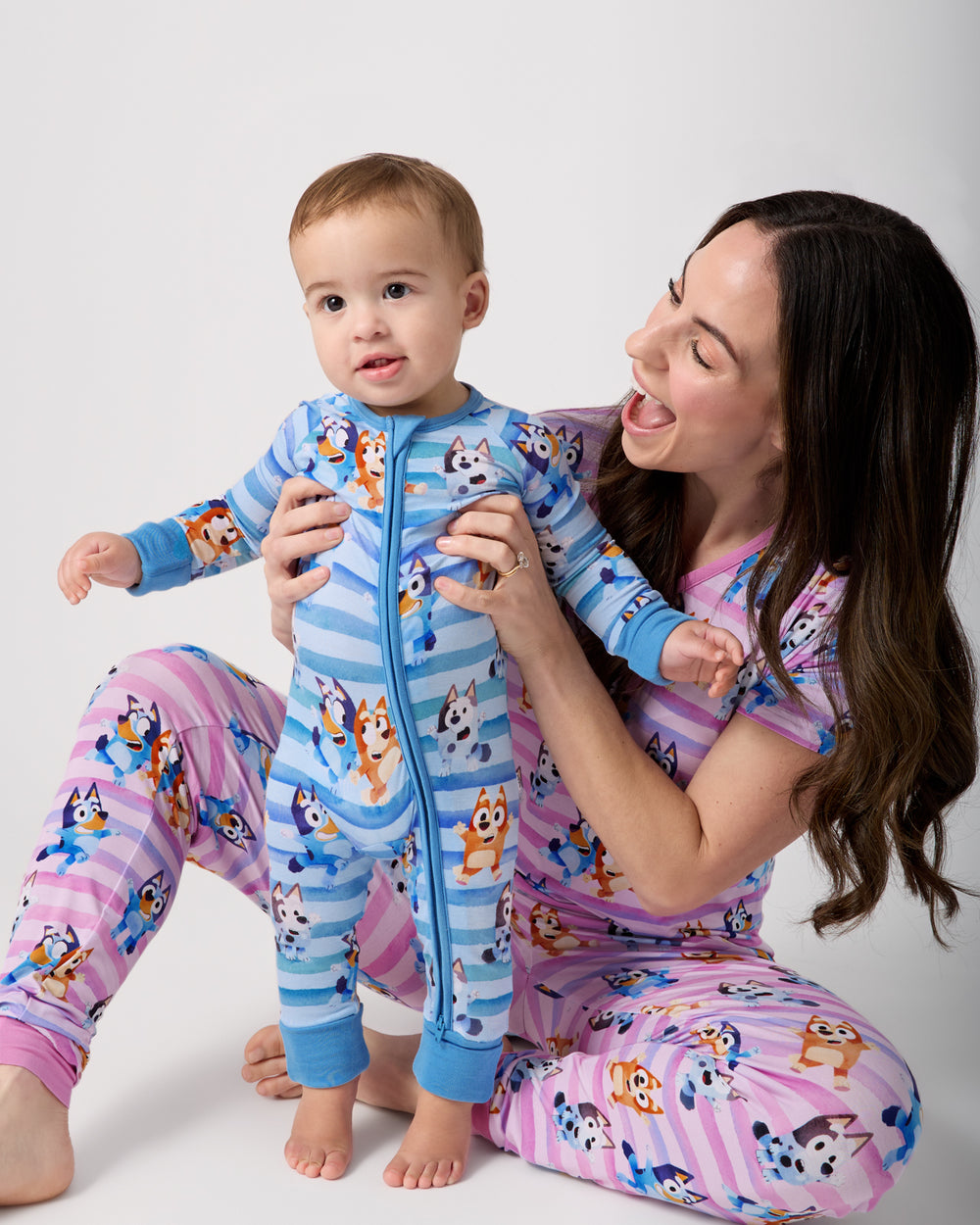Mother and son wearing matching Bluey Dance All Day Pajamas