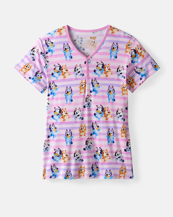 Flat lay of the Pink Bluey Dance All Day Women's Short Sleeve Pajama Top