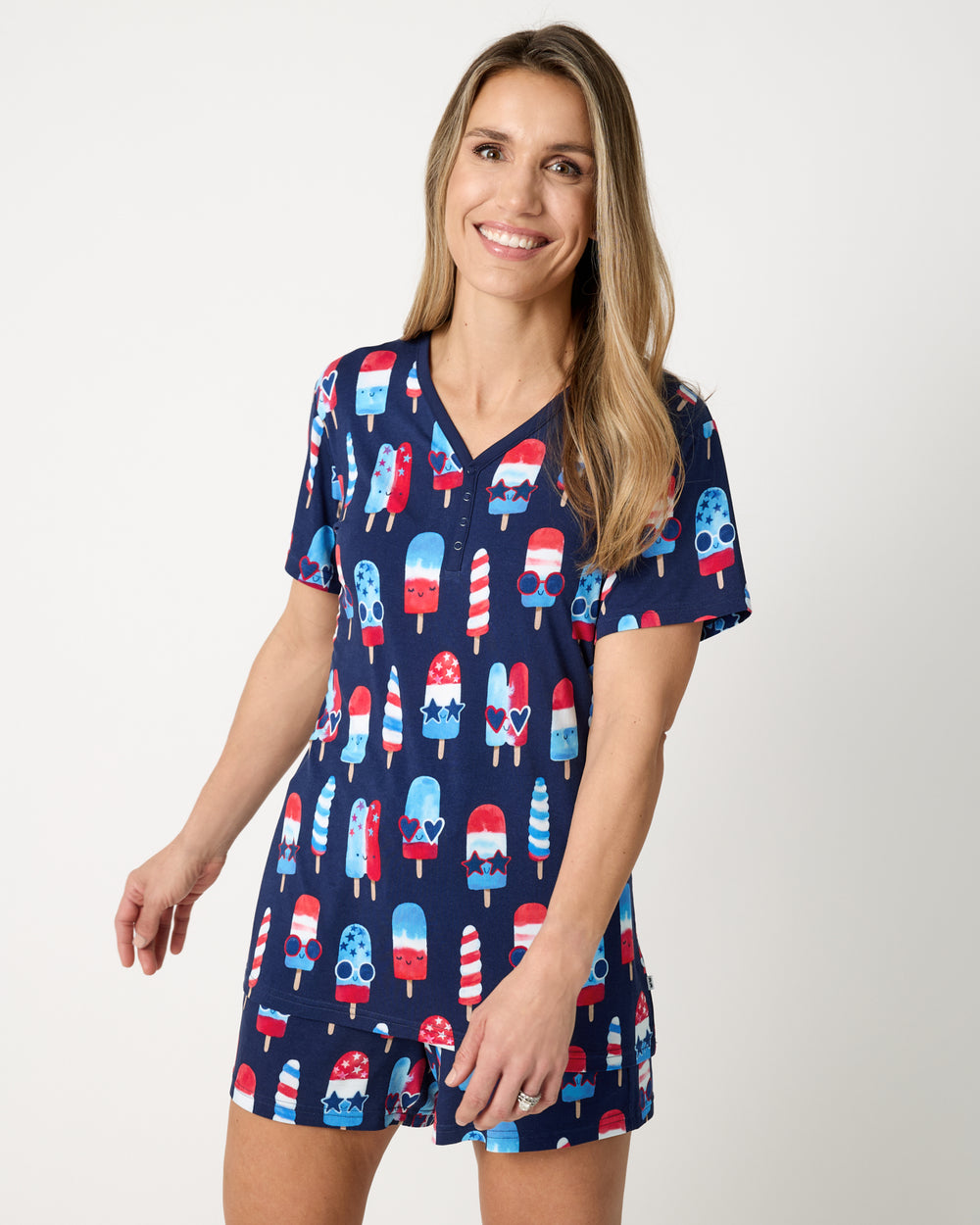 Woman wearing the Sparkle Treats Women's Pajama Shorts and Top