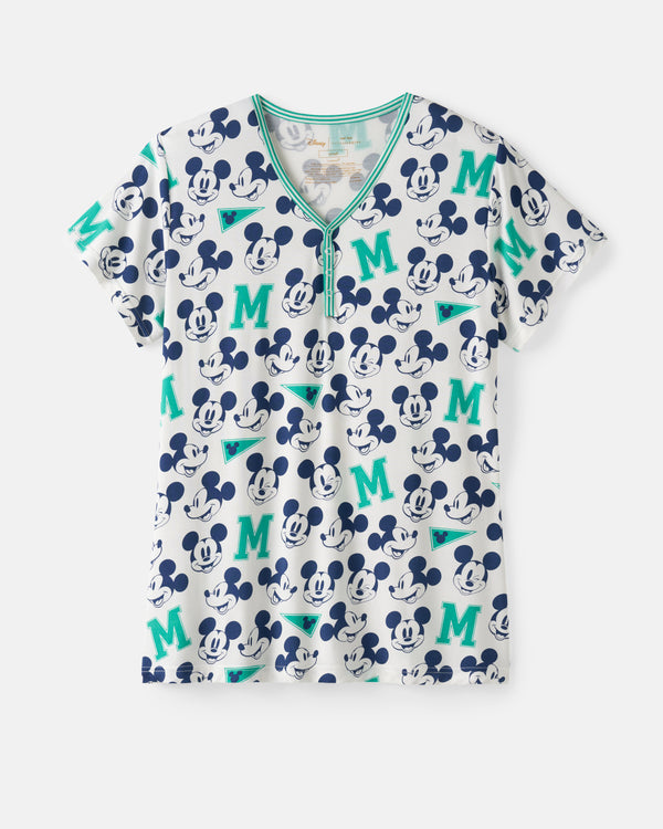 Flat lay of the Disney Varsity Mickey Mouse Women's Short Sleeve Pajama Top