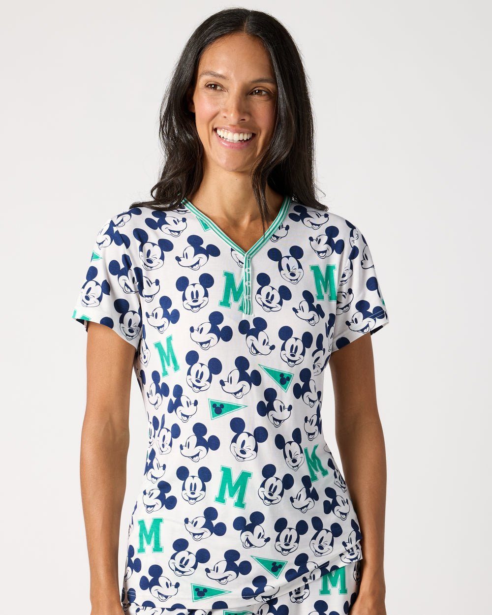 Woman wearing the Disney Varsity Mickey Mouse Women's Short Sleeve Pajama Top