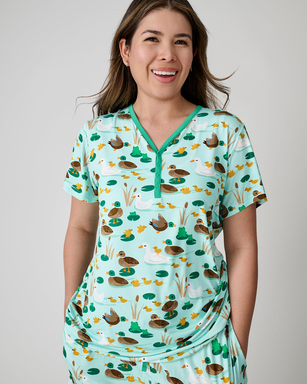 Woman wearing the Puddle Jumpers Women's Short Sleeve Pajama Top