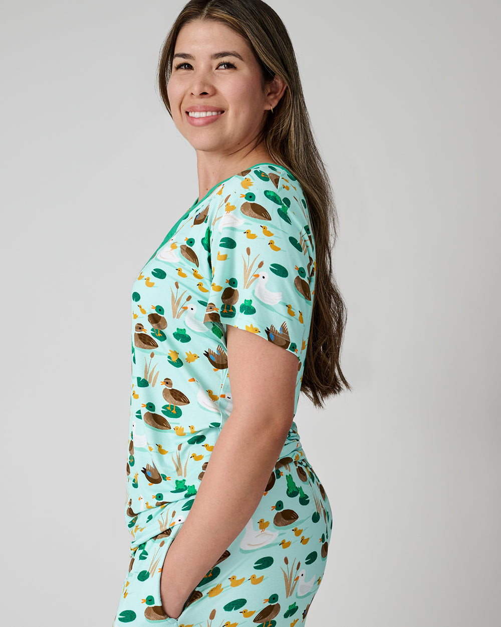 Side view of woman wearing the Puddle Jumpers Women's Short Sleeve Pajama Top