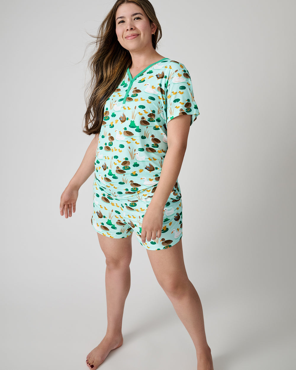 Woman wearing the Puddle Jumpers Women's Pajama Shorts and Top