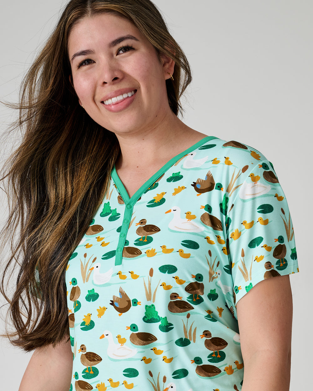 Close up of woman wearing the Puddle Jumpers Women's Short Sleeve Pajama Top