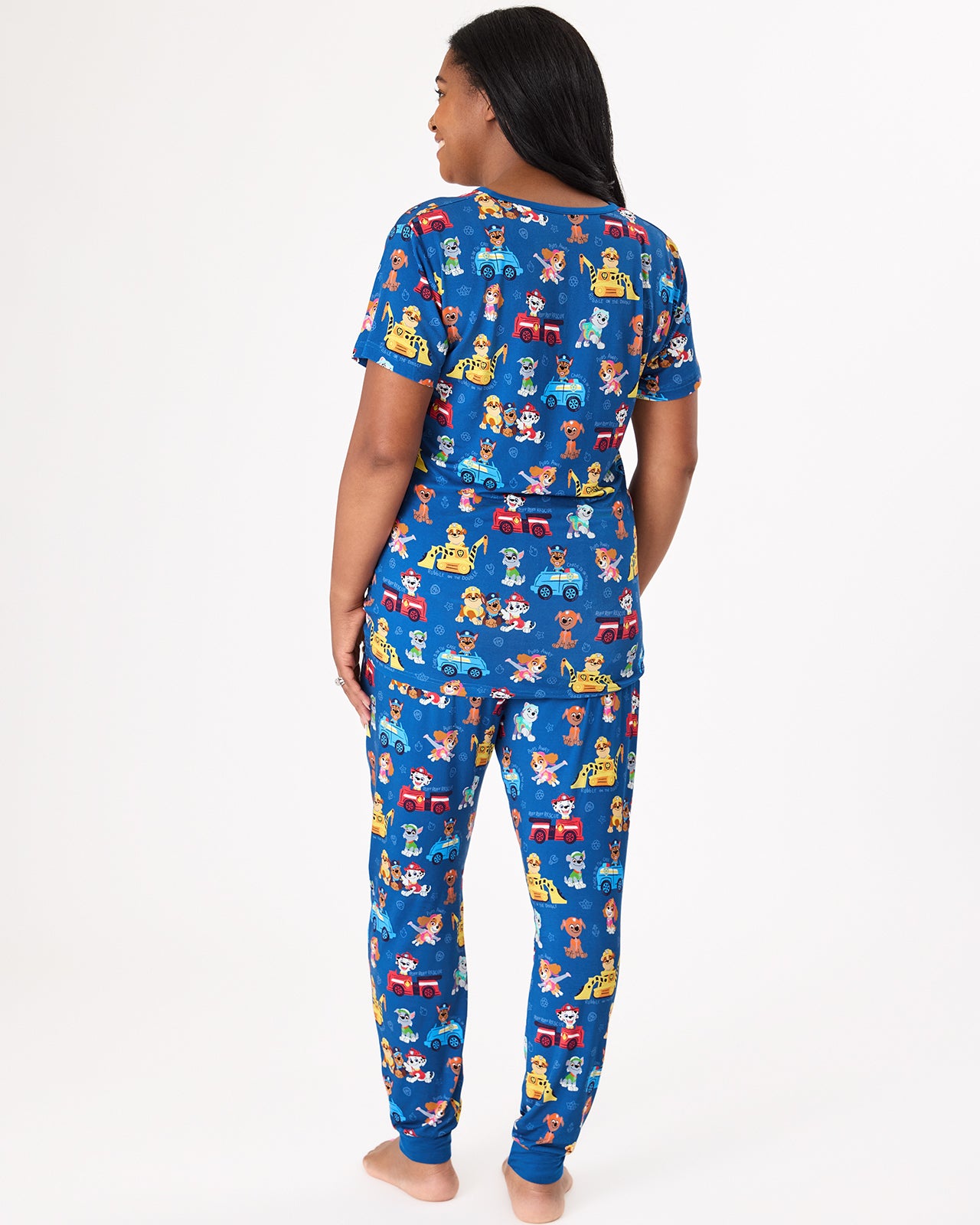 Back view of woman wearing the PAW Patrol Adventure Bay Heroes Women's Short Sleeve Pajama Top and Pants