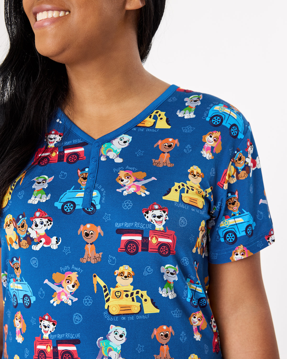 Close up of the henley button detail on the PAW Patrol Adventure Bay Heroes Women's Short Sleeve Pajama Top