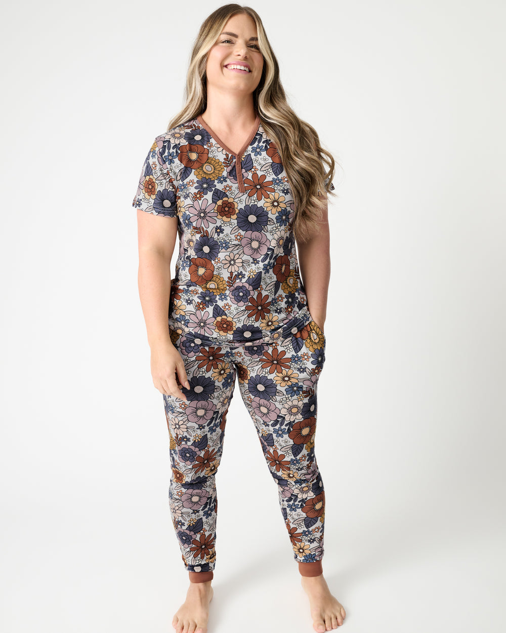 Woman wearing the Wildwood Floral Women's Pajama Pants and Top