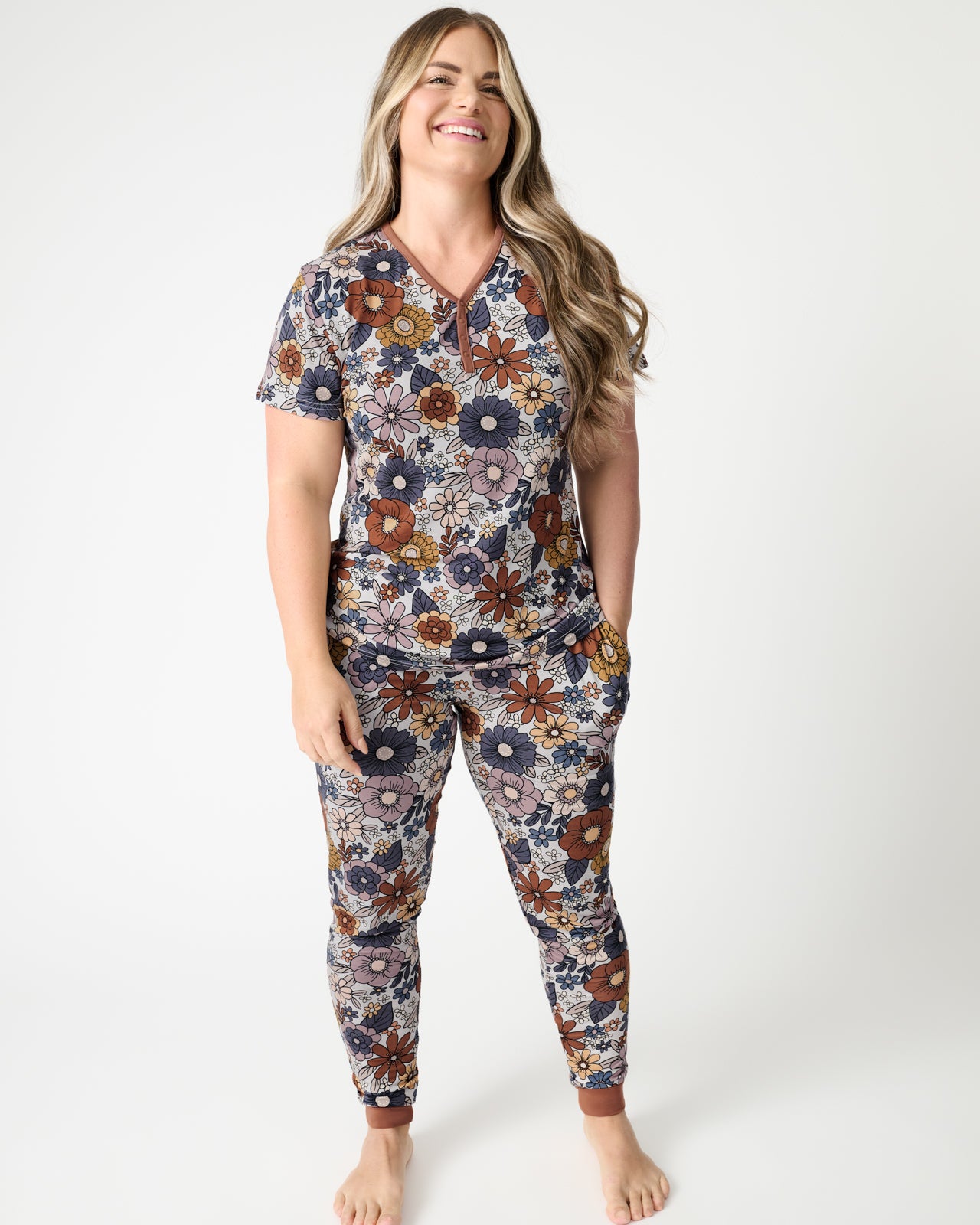 Woman wearing the Wildwood Floral Women's Pajama Pants and Top