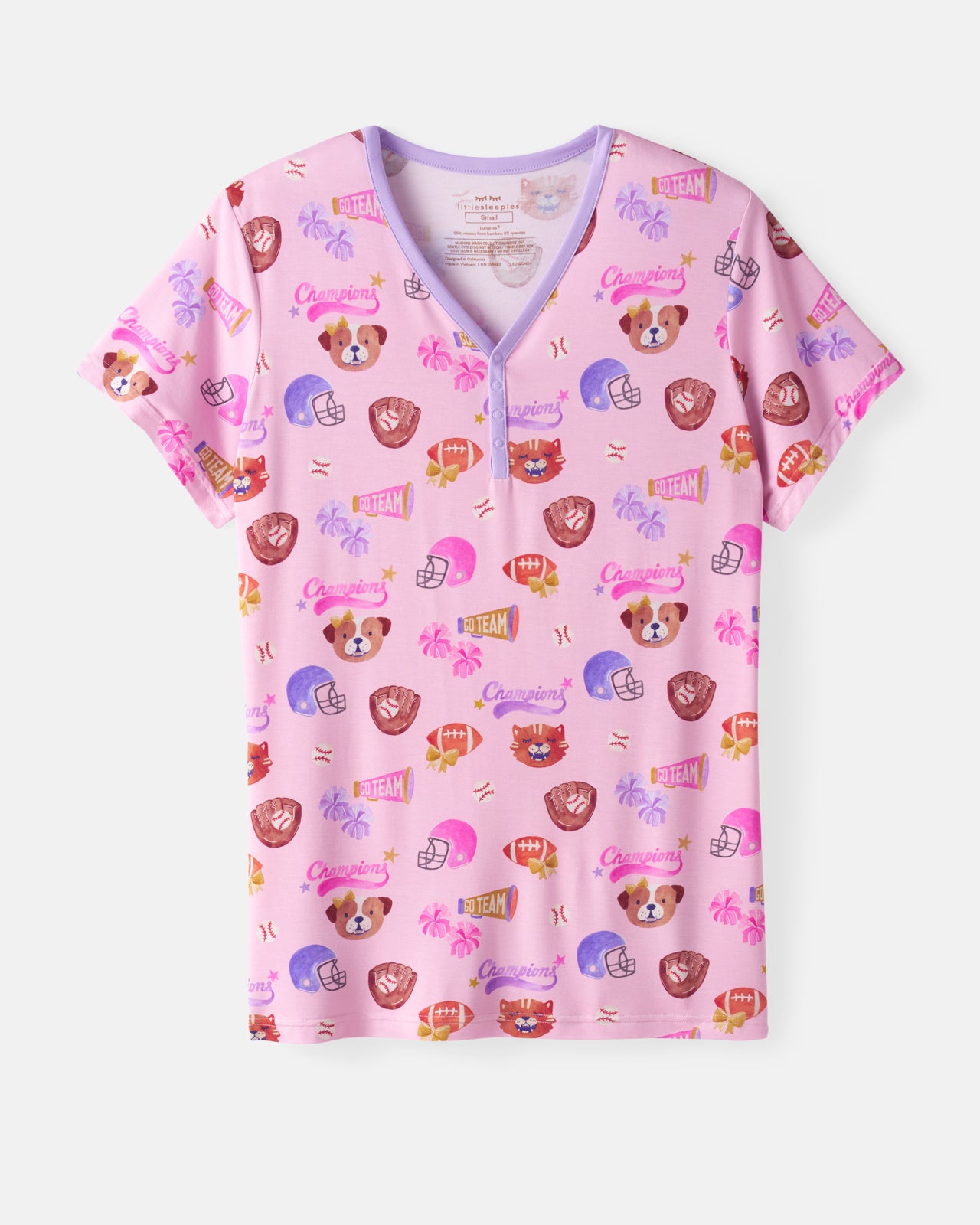 Flat lay of the Team Spirit Pink Women's Short Sleeve Pajama Top