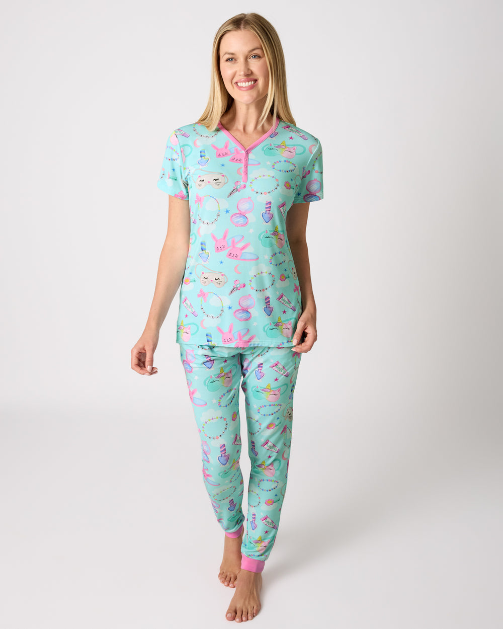 Woman wearing the Slumber Club Women's Short Sleeve Pajama Top and Pants