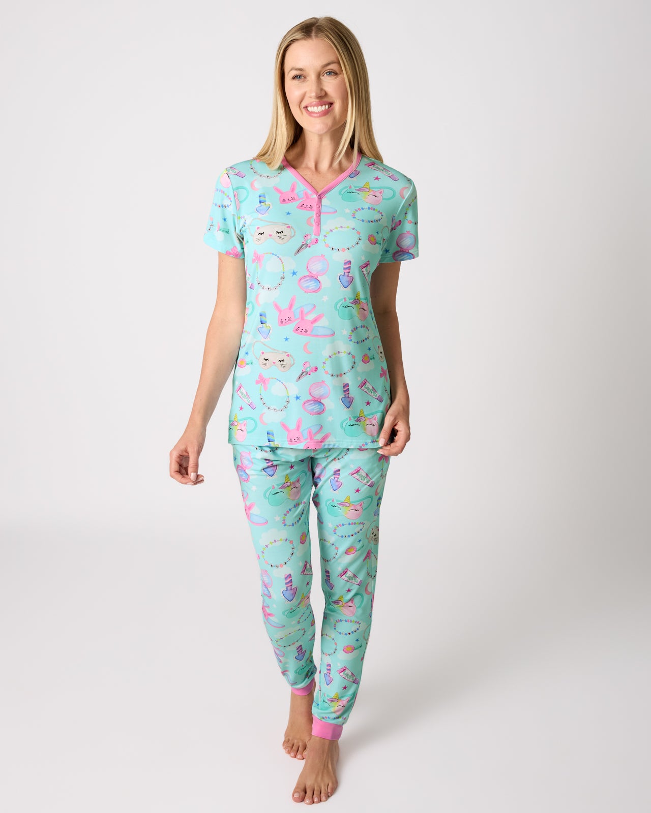 Woman wearing the Slumber Club Women's Short Sleeve Pajama Top and Pants