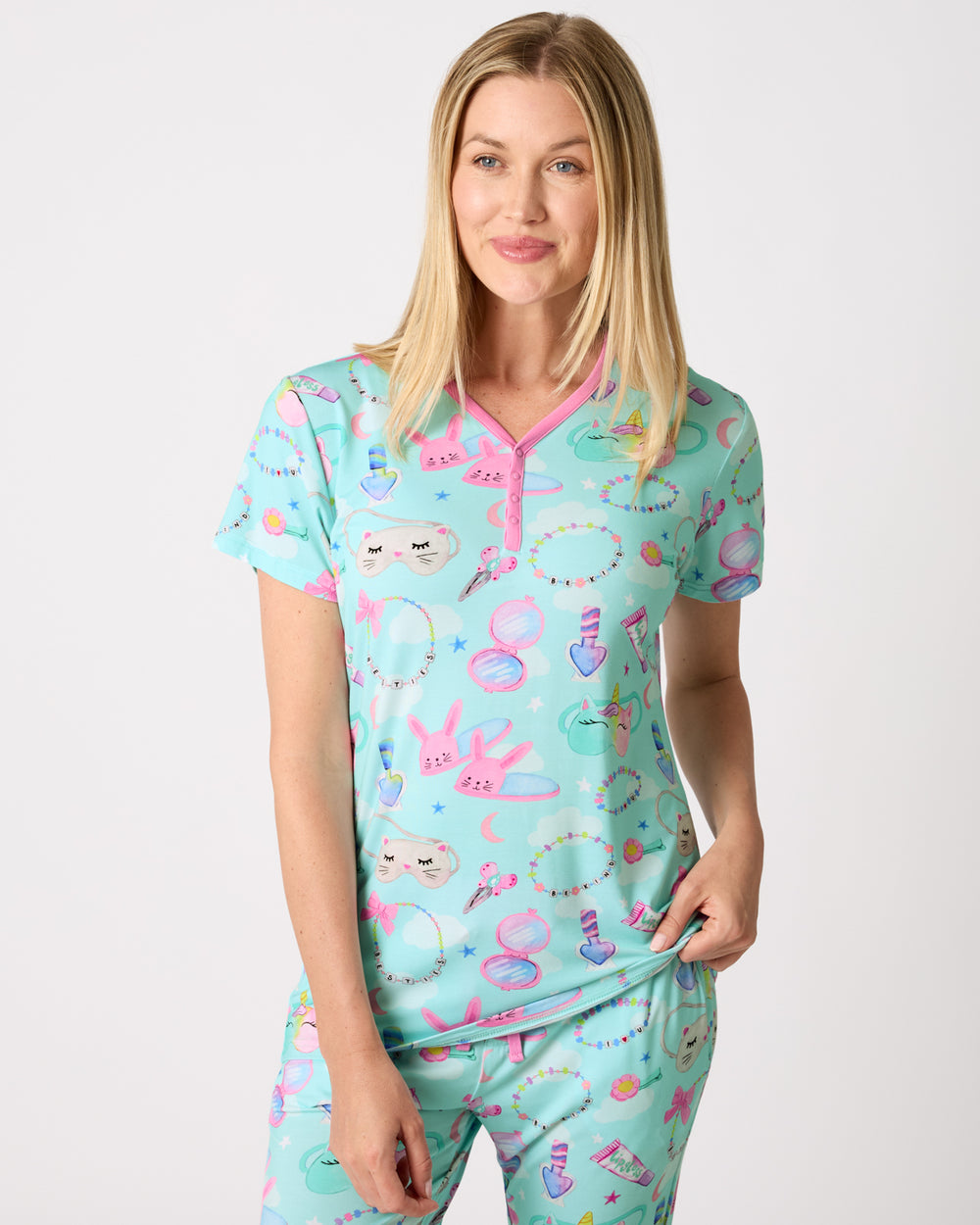 Woman wearing the Slumber Club Women's Short Sleeve Pajama Top