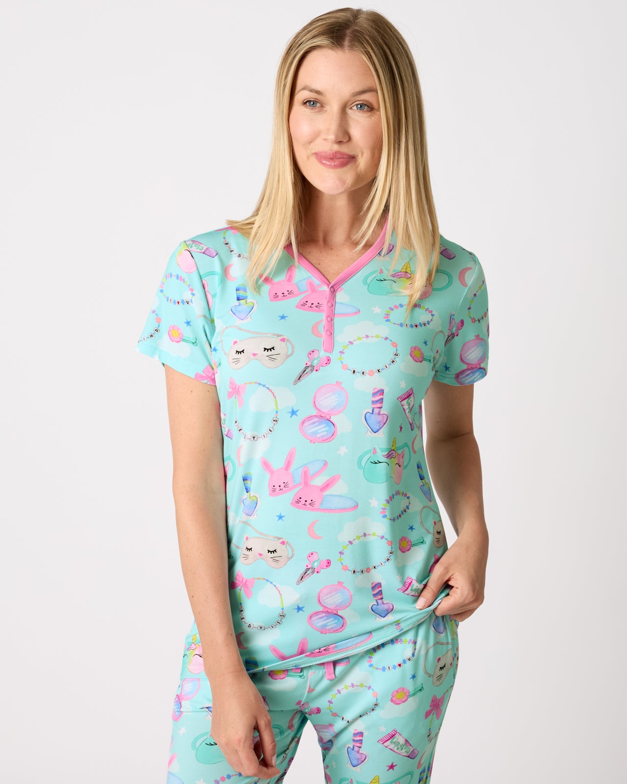 Woman wearing the Slumber Club Women's Short Sleeve Pajama Top