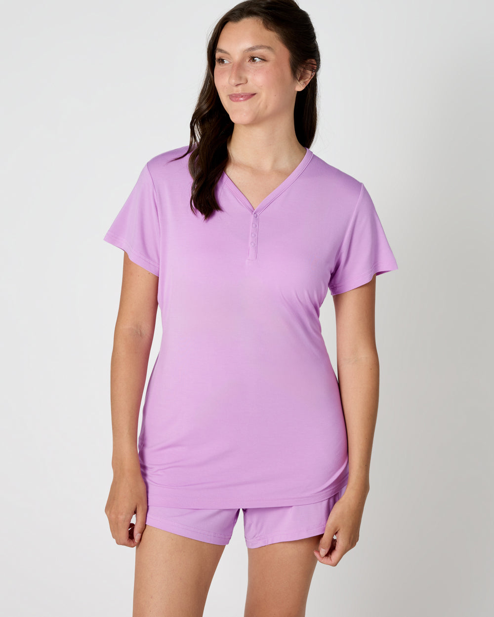 Woman wearing the Soft Wisteria Women's Short Sleeve Pajama Top