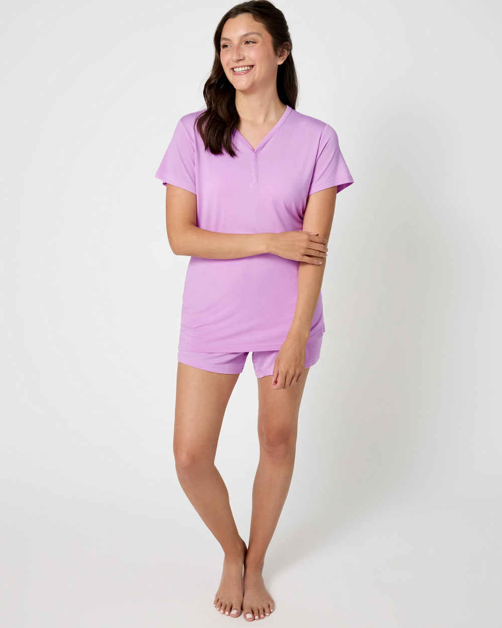 Woman wearing the Soft Wisteria Women's Pajama Shorts and Top