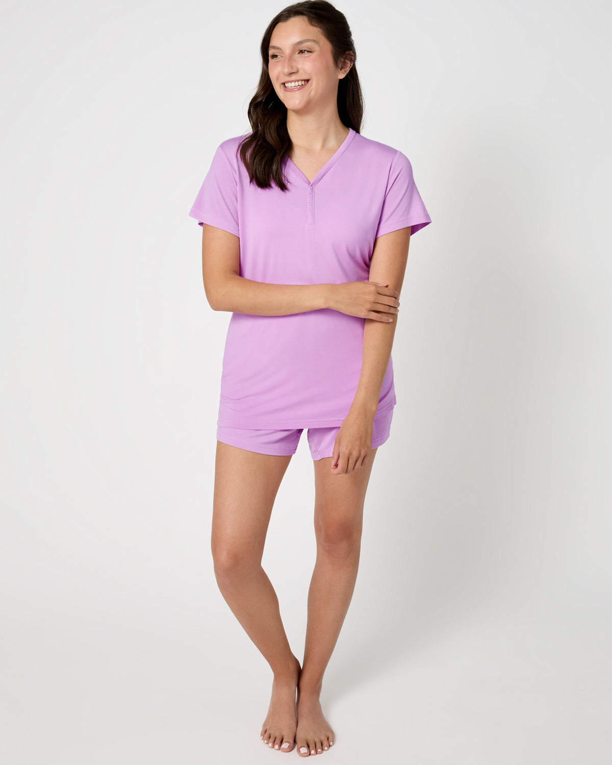 Woman wearing the Soft Wisteria Women's Pajama Shorts and Top
