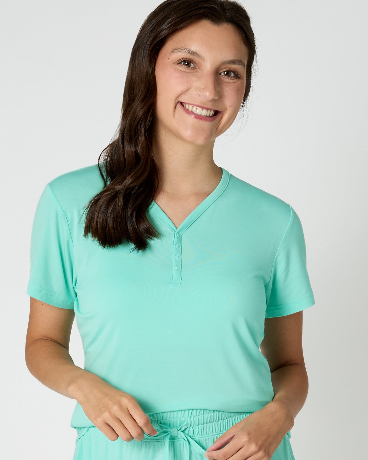 Woman wearing the Ocean Mist Women's Short Sleeve Pajama Top