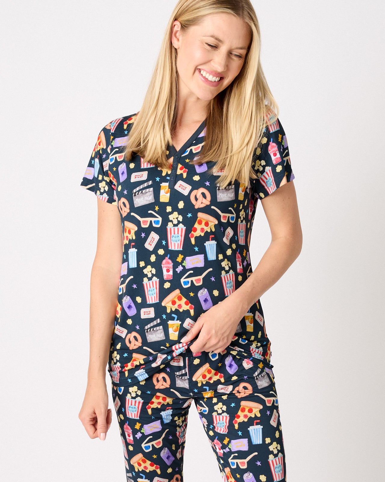 Woman wearing the Movie Marathon Women's Short Sleeve Pajama Top