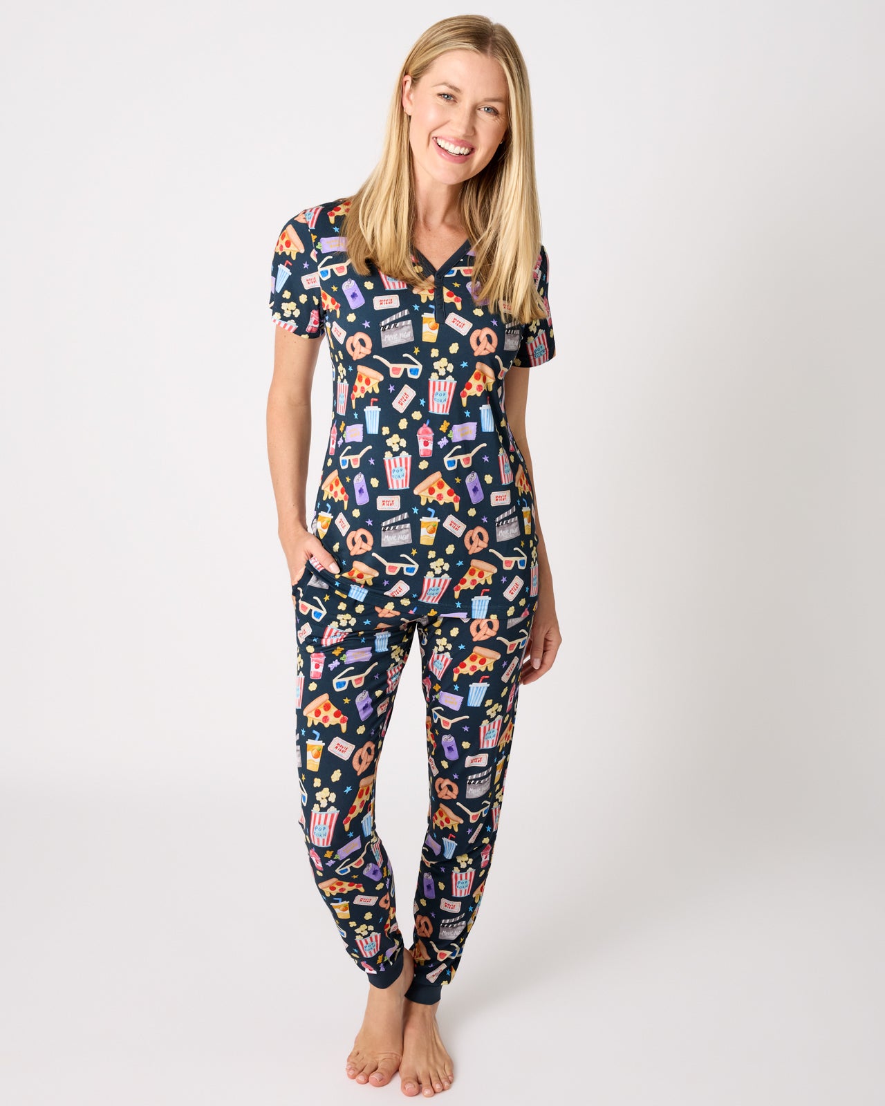 Woman wearing the Movie Marathon Women's Pajama Pants and Top