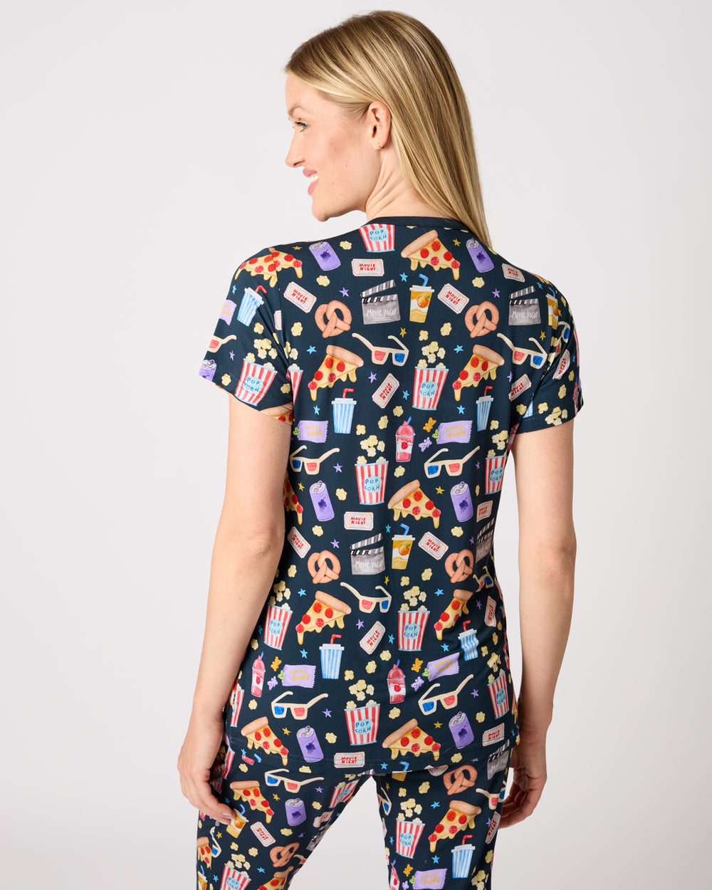 Back view of woman wearing the Movie Marathon Women's Short Sleeve Pajama Top